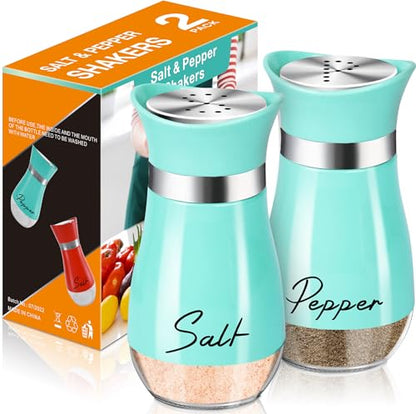 Salt and Pepper Shakers - 2-Piece 4 oz Cyan-Blue Glass Set with Steel Lids | Refillable Glass Shakers with Stainless Steel Lids for Cooking, Dining, RV Trips, Camping and BBQs; 4 oz Capacity Each. - color: Cyan-Blue