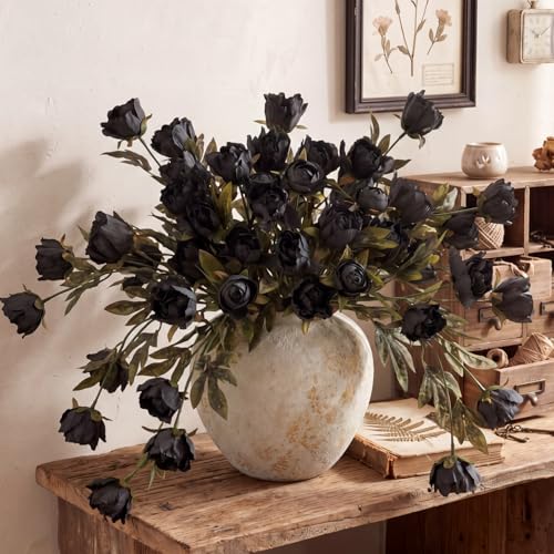 Thiccywoov Faux Silk Peony Artificial Flowers Stem for Vase,8 Pcs,Black | Black Fake Peonies Branches with Stems, for Fall Autumn Home DIY Bouquet Centerpieces Wedding Arrangements Shower Decor - color: Black