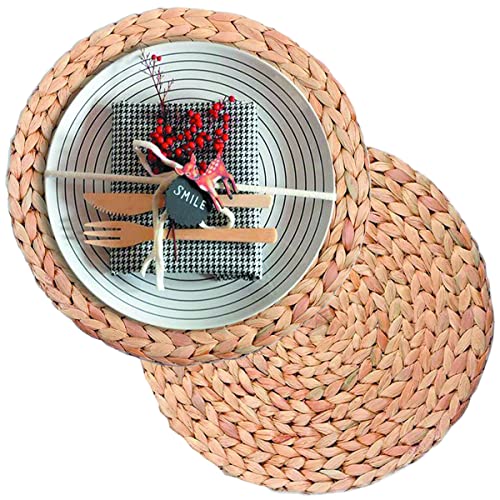 2 Pack Woven Placemats, 13.5 inches Natural Wicker Water Hyacinth Straw Braided Tablemats for Dining Table - size: Plate Chargers 13.8 inch-2