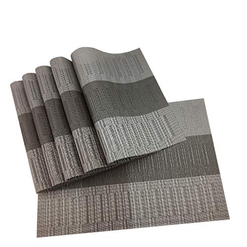 Exquisite Woven Vinyl Placemats for Dining Table Heat Resistant PVC Bamboo Style Table Mats (6, Ombre Black Gray) - color: Grey-gradient
