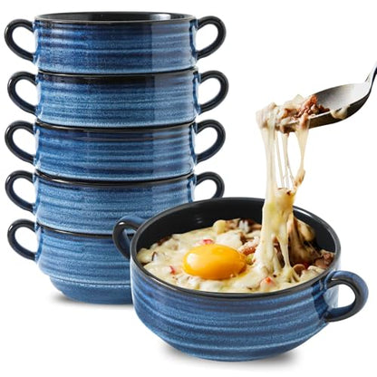 HASENSE French Onion Soup Bowls with Handles, 20 Oz Ceramic Soup Bowls Set of 6, Stackable Serving Bowls for Chili, Stew & Pot Pies, Microwave Dishwasher Safe, Blue Farmhouse Kitchenware - color: Blue, size: Set of 6