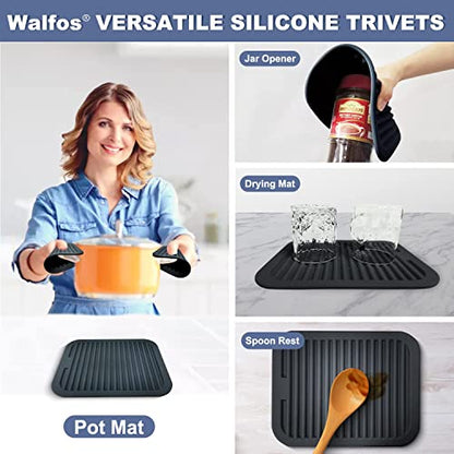 Walfos Trivets for Hot Dishes, Multi-Purpose Silicone Pot Holders, Hot Pads for Kitchen Hot Pots and Pans, Heat Resistant Silicone Mats for Kitchen Countertops, Non-Slip, 2 Pack, Black - style: 8.5x11in, 2 Black Rectangle