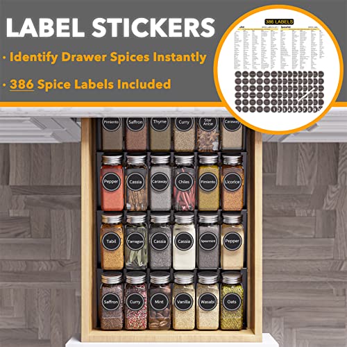 SpaceAid Spice Drawer Organizer with 24 Spice Jars, 386 Spice Labels, 4 Tier Seasoning Rack Tray Insert for Kitchen Drawers, 11.25" Wide x 17.5" Deep - size: 24 Jars, 11.25" Wide