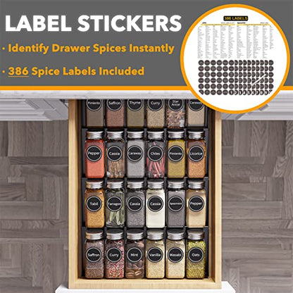 SpaceAid Spice Drawer Organizer with 24 Spice Jars, 386 Spice Labels, 4 Tier Seasoning Rack Tray Insert for Kitchen Drawers, 11.25" Wide x 17.5" Deep - size: 24 Jars, 11.25" Wide