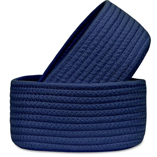 ABenkle 【2 Pack】 Small Woven Baskets, Tiny Oval Shallow Storage Baskets, Mini Cotton Rope Empty Decorative Basket, Boho Little Organizer Bins for Bathroom, Cat Dog Toy Gifts Basket - color: Navy Blue