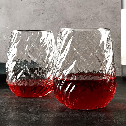UMEIED Stemless Wine Glasses Set of 12, 17 oz Red White Wine Glasses | Clear Glassware Set for Red/White Wine Dishwasher Safe, Ideal for Daily Use Home Bar Birthdays Housewarming (Wave Texture) - color: Wave Texture