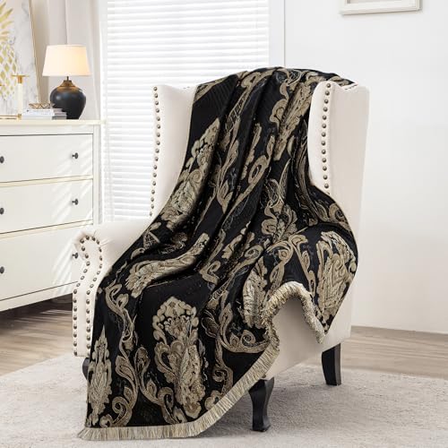 Loom and Mill Black Jacquard Throw Blanket for Couch Sofa Bed, 52x72 Inches | Boho Soft and Cozy Bed Throws Velvet Fall Blankets with Fringes Trim for Couch Recliner Chair Halloween Home Decor - color: Black