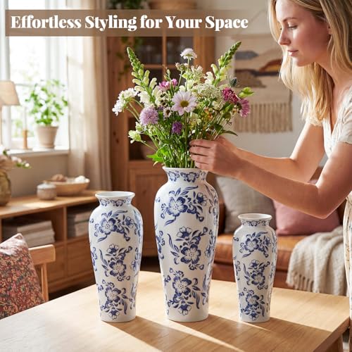 LemonRoad 3 Pack Chinoiserie Vases Porcelain Blue and White Vases for Flowers Pottery Chinoiserie Ceramic Vase for Living Room Mother's Day Decor Table Centerpiece, 6.7", 8.3", 10"(Lotus) - style: Lotus