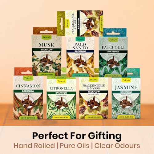 Backflow Incense Cones with Natural Oils, Scents Set of 12 Fragrances (120 Cones) Calming Home Aromatherapy, Yoga, Meditation, Relaxing, Mixed Scents with Natural Oils