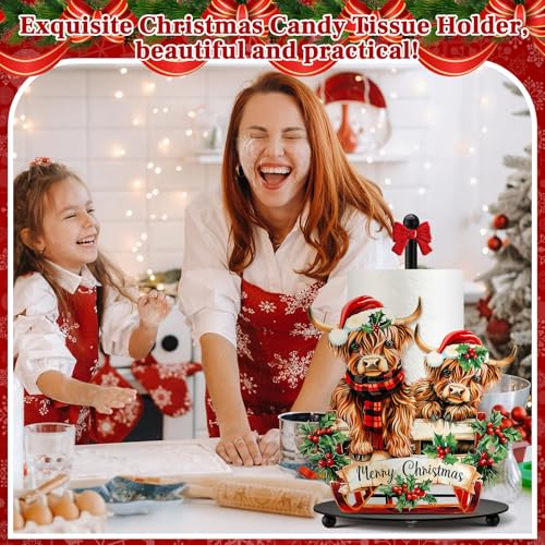 Christmas Highland Cow Paper Towel Holder with Round Base | Rustic Bathroom Countertop Decor, Festive Dispenser for Toilet Home Accessories, Holiday Organizer with Stable Base Design - style: Christmas Highland Cow