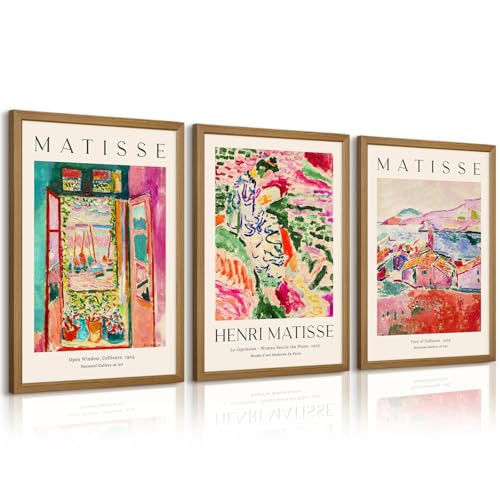 Henri Matisse Wall Art Prints Set of 3 Matisse Wall Decor Aesthetic Canvas Poster Colorful Abstract Pink Picture Vintage Flower Art Exhibition Posters for Room Bedroom 24x36 Inch Framed - color: Boat Matisse Prints, size: 36"L x 24"W, style: Framed