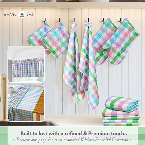 Native Fab 4 Piece Set - Gingham Check 2 Oven Mitts & 2 Potholders, Heat Resistant, 100% Cotton, Quilted Design, Non-Slip Grip, Ideal for Baking, Cooking, BBQ, Kitchen Protection, Multicolor - color: Gingham Pastels