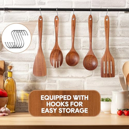 Mooues Wooden Spoons for Cooking Wooden Utensils for Cooking | Natural Teak Wooden Kitchen Utensils Set Comfort Grip (8 PCS SET) - size: 8 PCS SET