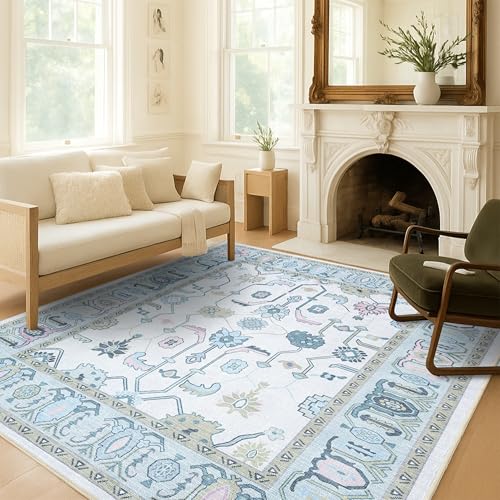 Fame Living Cream Green Oushak Rug, Modern, Vintage, Turkish, Eclectic, Floral, Pastel, Washable, Large Area Rugs for Living Room, Dining, Bedroom, Girls, Boys, 7'5"x9'8" - color: Cream Green, size: 7'6" x 9'11" (Rectangular)