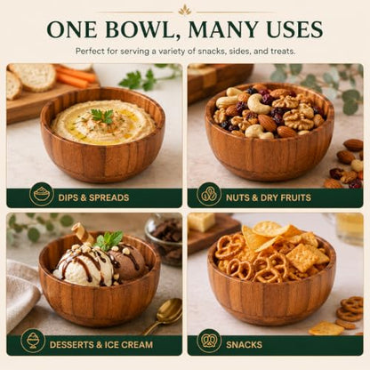 Acacia Wood Round Serving Bowls Set of 4 U Shape Handmade 4.75 Inch Medium Size Brown - size: 4 U Shape Bowls of 4.75-Inch