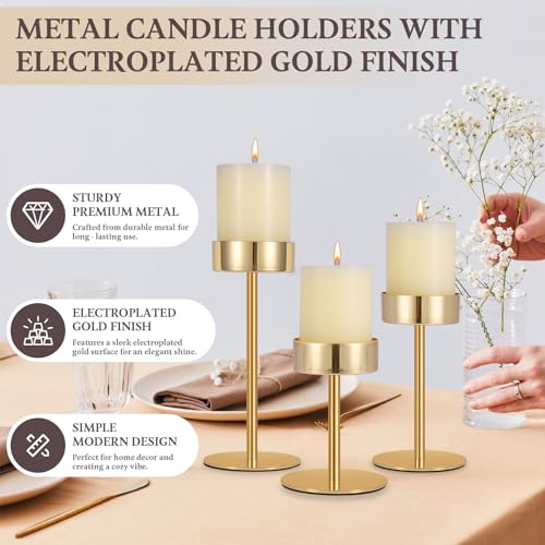 Pillar Candle Holders Set of 3, 3.15" Diameter Gold Candlestick Holder | for Pillar & Flameless Candles. Metal Ideal decoration for Table,Fireplace,Living,Dining Room,Perfect for Wedding,House Gift