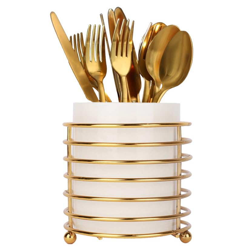 Silverware Holder for Kitchen Countertop, Cutlery Flatware Caddy with Round Metal Bracket, Sturdy and Durable - color: White Gold, size: L