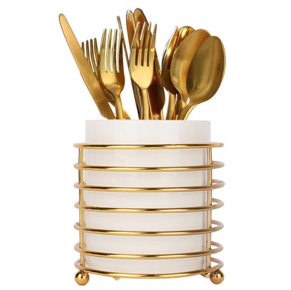 Silverware Holder for Kitchen Countertop, Cutlery Flatware Caddy with Round Metal Bracket, Sturdy and Durable - color: White Gold, size: L