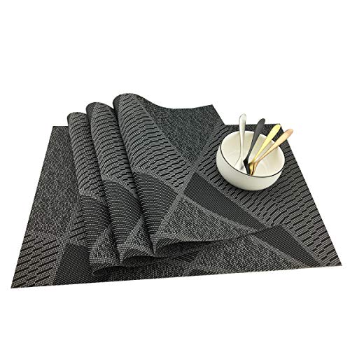 Natural Placemats Woven Vinyl Non-Slip Insulation Heat Stain Resistant Washable Table Placemats Kitchen Dining Table Top Meal Mat Place Mats PVC Set of 6, Natural Black Wood Color - color: Black