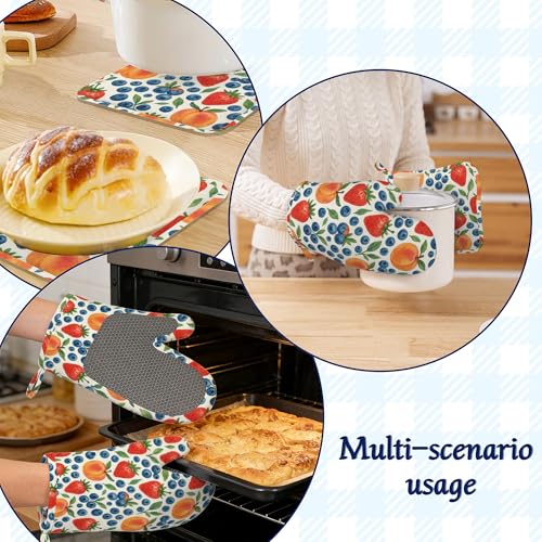 Tropical Fruit Oven Mitts and Pot Holders Strawberry Peach Blueberry Silicone Kitchen Accessories Set of 4 Heat Resistant Non-Slip Long Gloves Potholder for Chef Cooking Baking Gifts Women Men - color: Tropical Fruit,strawberry Peach Blueberry