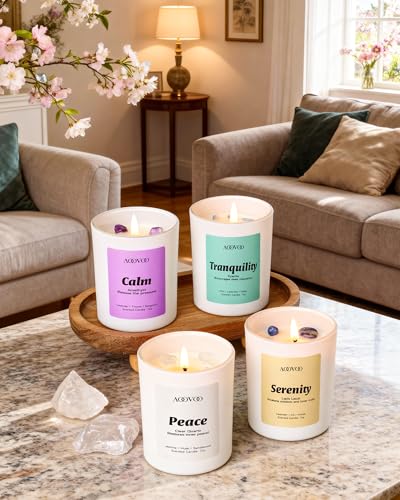 AOOVOO Stress Relief Candles Set for Women - 4 Pack Candle for Home Scented | 28 oz Soy Wax 200h Burn, Aromatherapy Candle with Crystal, Peace/Kyanite Tranquility /Amethyst Calm /Lapis Lazuli Serenity - style: Stress Relief Candles Set
