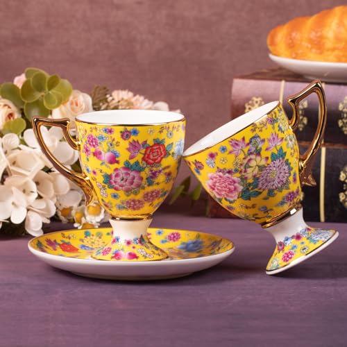 KAMMAK Tea Cup and Saucer, Ceramic Coffee Cups, 7 oz, Set of 2 | Porcelain Tea Cups with Saucers for Coffee and Cappuccino, Ideal for Breakfast, Afternoon Tea and Entertaining,622N - style: 622N