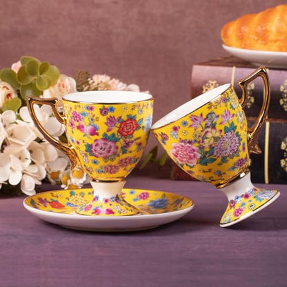 KAMMAK Tea Cup and Saucer, Ceramic Coffee Cups, 7 oz, Set of 2 | Porcelain Tea Cups with Saucers for Coffee and Cappuccino, Ideal for Breakfast, Afternoon Tea and Entertaining,622N - style: 622N
