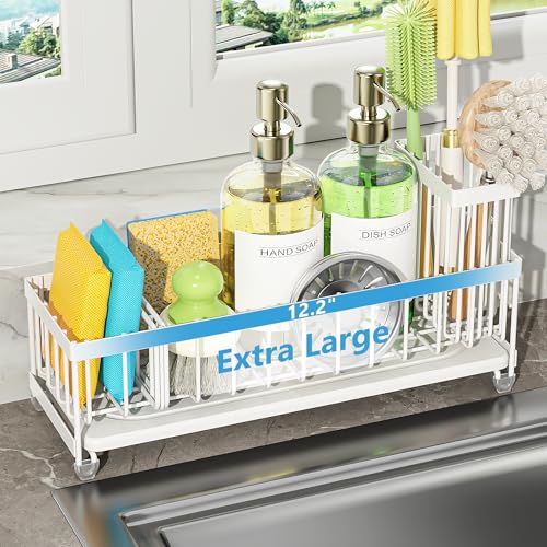Cisily Extra Large Sink Caddy Organizer with Drying Stone, White Sponge Holder for Kitchen, Dish Brush Holder for Countertop, Kitchen Decor Storage and Essentials - color: White