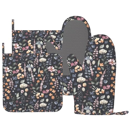 Watercolor Wild Flowers Oven Mitts and Pot Holders Sets Silicone Wildflower Kitchen Oven Mitts Hot Pads Heat Resistant Vintage Floral Potholders Kitchen Mitts Set for Baking BBQ Cooking - color: Black White Purple