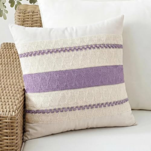 Fancy Homi Set of 1 Boho Lavender Decorative Throw Pillow Cover 16x16 Inch for Couch Bed Sofa, Aesthetic Modern Organic Farmhouse Home Decor, Soft Cotton Cute Accent Macrame Woven Cushion Case - color: Lavender, size: 16" x 16" (Pack of 1)