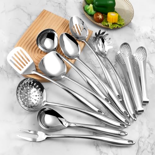 304 Stainlss Steel Kitchen Utensils Set, 11 Pcs Long Metal Cooking Utensil Gadgets Tools Set with Spatula, Spoon, Ladle, Skimmer, Turner, Pasta Server, Tongs(Mirror Polished, Dishwasher Safe) - size: 11Pcs-Silver