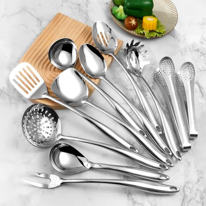 304 Stainlss Steel Kitchen Utensils Set, 11 Pcs Long Metal Cooking Utensil Gadgets Tools Set with Spatula, Spoon, Ladle, Skimmer, Turner, Pasta Server, Tongs(Mirror Polished, Dishwasher Safe) - size: 11Pcs-Silver