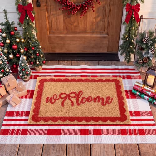 2 Pcs Red White Bow Welcome Front Door Mat Outdoor Combo Set, 27.5'' x 43'' Double Buffalo Plaid Layered Front Porch Rug with Heavy Duty Backing Coir Doormat Outdoor Entryway Decor - color: Red White