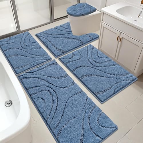 HEBE Bathroom Rugs Sets 5 Piece, Non Slip Washable Absorbent Bath Mat Set | Super Soft Plush Microfiber Bathroom Mats with Runner Set, Solid Bathmat with U-Shaped Toilet Rug Cover Set for Tub, Shower - color: Dark Blue, size: 18"x26"+20"x32"+20"x48"+U20"x