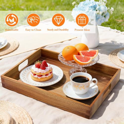 Serving Trays - 2 Pack, Large | Acacia Wood Serving Platters with Ergonomic Handles, Versatile Rustic Decorative Trays for Breakfast, Brunch, Dinner - size: 16"x11"x1.57" and 17"x12"x1.57"
