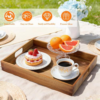 Serving Trays - 2 Pack, Large | Acacia Wood Serving Platters with Ergonomic Handles, Versatile Rustic Decorative Trays for Breakfast, Brunch, Dinner - size: 16"x11"x1.57" and 17"x12"x1.57"
