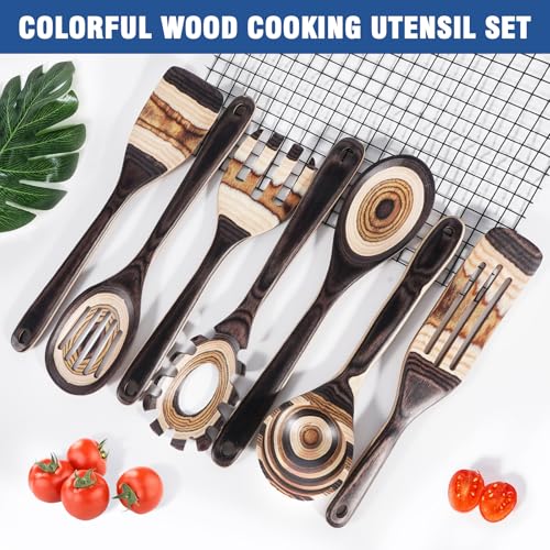 MYRAINBOW Wooden Spoons for Cooking, 7 Piece Pakkawood Kitchen Utensils Set with Spatulas, Spoons, Ladles, and Turner for Mixing, Serving & Cooking - color: Brown