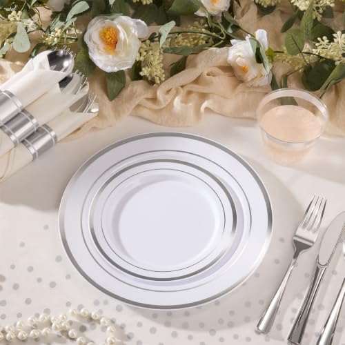 352 Piece Silver Plastic Dinnerware Set for 50 Guests | Includes: 50 Dinner Plates 50 Dessert Plates, 50 Pre Rolled Napkins with Silverware, 50 Cups, 2 Tablecloth - color: Silver, style: 352 Piece (50 guests)