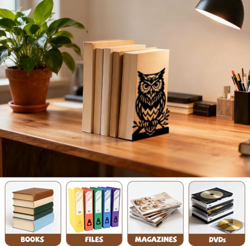 5.3"x4.3"x7.9" Metal Bookends, Heavy Duty Book Ends for Shelves | Owl on Tree Branch Theme Cast Iron Book Supports, 1 Pair Decor Stoppers for Desk, Library, Office & Home Shelves - style: Owl on Tree Branch
