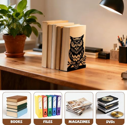 5.3"x4.3"x7.9" Metal Bookends, Heavy Duty Book Ends for Shelves | Owl on Tree Branch Theme Cast Iron Book Supports, 1 Pair Decor Stoppers for Desk, Library, Office & Home Shelves - style: Owl on Tree Branch