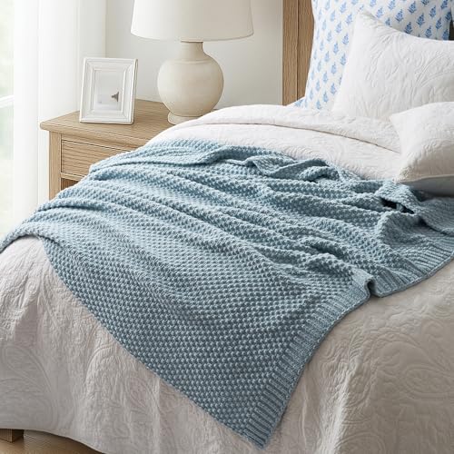 EVERGRACEHOME Chunky Chenille Knit Throw Blanket, 60 x 80, Chambray Blue | Sculpted Moss Stitch, Chic Modern Farmhouse, All-Season Warmth, OEKO-TEX® Certified, Elegant Blanket for Couch, Bed, Sofa - color: Chambray Blue, size: 60" X 80"