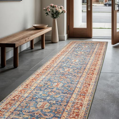 GLN Rugs Bohemian - Jerusalem - Machine Washable Runner Rug, Boho Washable, Non Slip, Low Pile Chenille Area Rug, Hallway, Bedroom, Kitchen Rug - Easy Clean (2'6" x 10' Terra/Slate Blue) - color: Terra/Slate Blue, size: 2'6" x 10' (Runner)