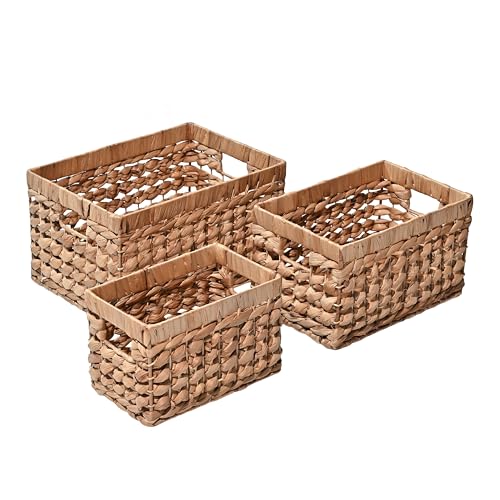 happimess Hayden 3-Piece Nesting Hyacinth Rectangular Baskets, Natural | Hand-Woven Metal Frame, Bohemian Cottage Style, Integrated Handles, Decorative Storage Containers, Coastal Wicker Straw Decor