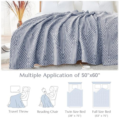 jinchan 100% Cotton Muslin Blanket Twin Boho Throw Blanket 50x60 Slate Blue | 3-Layer, Geometric Triangle Quilt, Cooling Breathable Lightweight, for Adult, Soft, Reversible, Summer, Couch, Sofa, Bedroom - color: B. Triangle Blue, size: 50"x60"