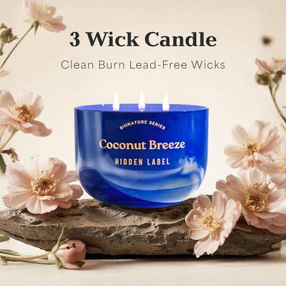 Hidden Label Coconut Breeze Candle, 18oz 3-Wick Soy Wax | 75+ Hour Burn | Tropical Shore Blend | Non Toxic Plant Wax | Triple Flame Even Melt | Housewarming Ready - color: Coconut Breeze