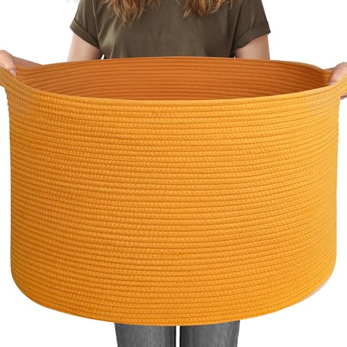 Extra Large 115L Orange Basket, 23.6"x15.7" Woven Cotton Rope Bins for Blankets, XXXL Baby Nursery Laundry Towel Basket, Oversized Kids Dog Toy Storage Box, Orange Living Room Decor Organizer - color: Orange, size: 23.6"x23.6"x15.7"