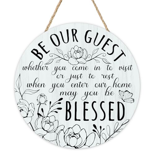 Be Our Guest Welcome Front Door Sign, Blessed Flower Butterfly Wood | Plaque Hanger Guest Room Bedroom Home Decor, Farmhouse Wooden Wreath Indoor Wall Hanging Decoration - color: Blessed