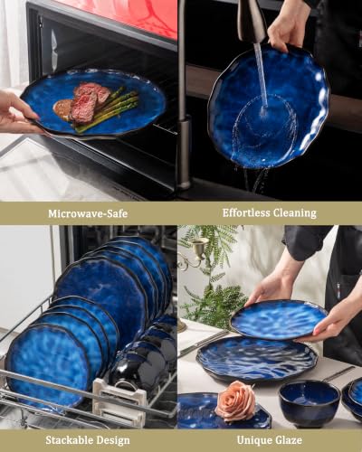 4-piece set, ceramic, natural active glaze plate and bowl set, microwave and dishwasher compatible tableware set, shatterproof and scratch resistant dinner set, irregular edge design, blue - color: style - 4
