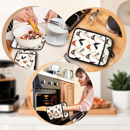 Farmhouse Chicken Pot Holders with Pockets, Farm Rooster Hen Chick Oven Pot Holders Heat Resistant Oven Mitts Hot Pads for Kitchen Baking Cooking