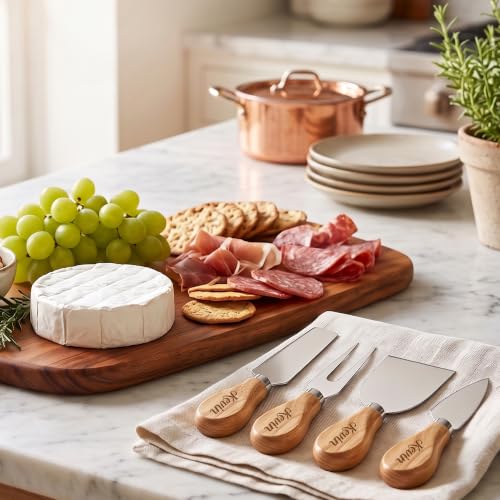 EDSG Personalized 4Pcs Cheese Knife Set, Stainless Steel Cheese Knives Set with Wooden Handle, Gifts for Birthday, Christmas, Wedding, House Warming, Charcuterie Accessories (Design 2) - color: Design 2